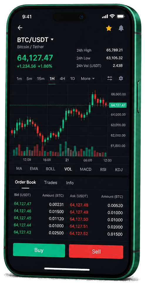 Interfaz móvil de Aguilorio — gráfico en tiempo real BTC/USDT, libro de órdenes y panel de operaciones